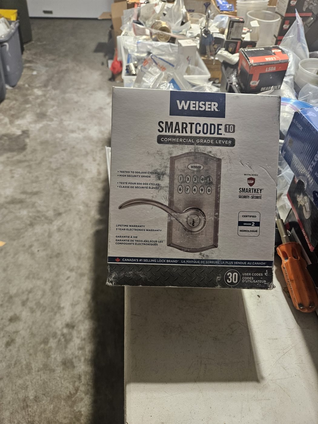 Weiser SmartCode keypad lever in its box, ready to be installed